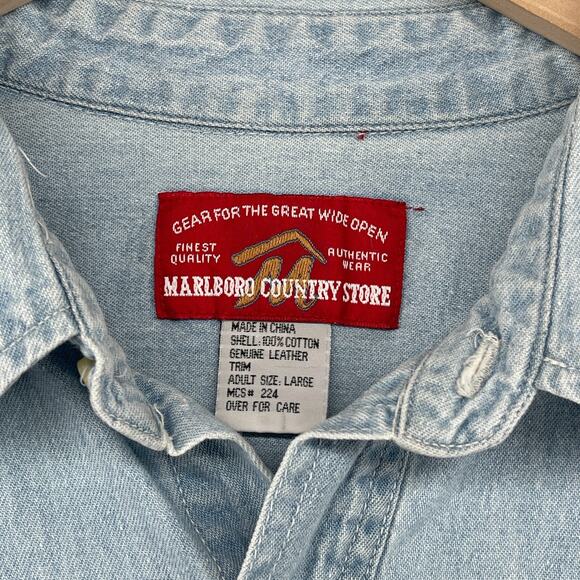 MARLBORO COUNTRY STORE Shirt Mens L Denim Button Up Cowboy Vintage Cotton Blue - Picture 4 of 12